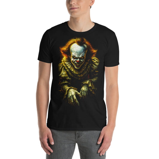 Hombre con camiseta negra Payaso Siniestro inspirada en Pennywise de IT