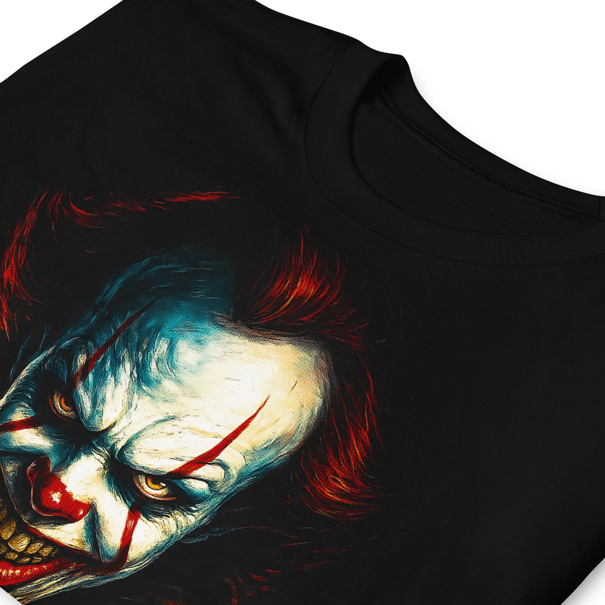 detalle de camiseta payaso terror pennywise it negra