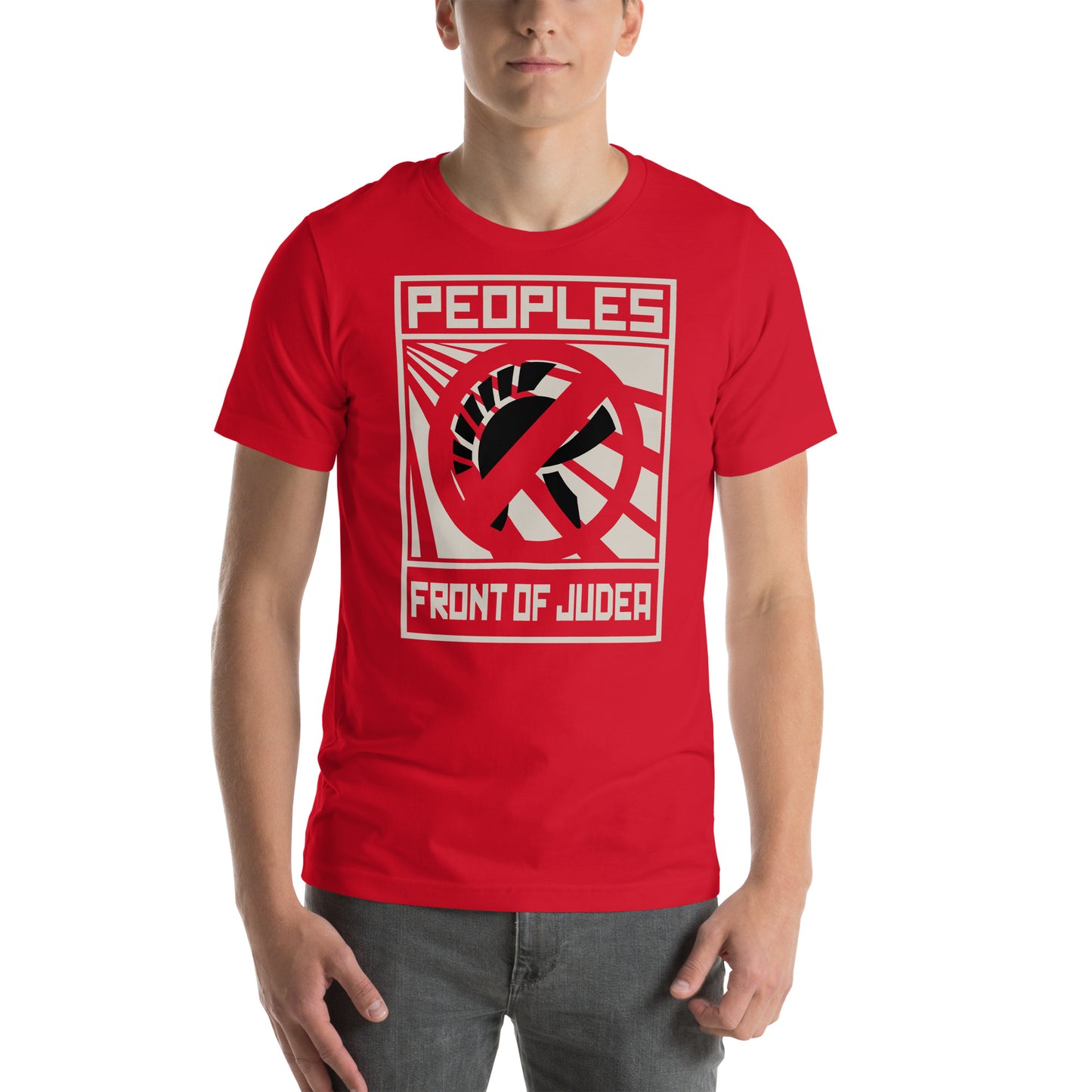 hombre con camiseta frente popular de judea la vida de brian roja