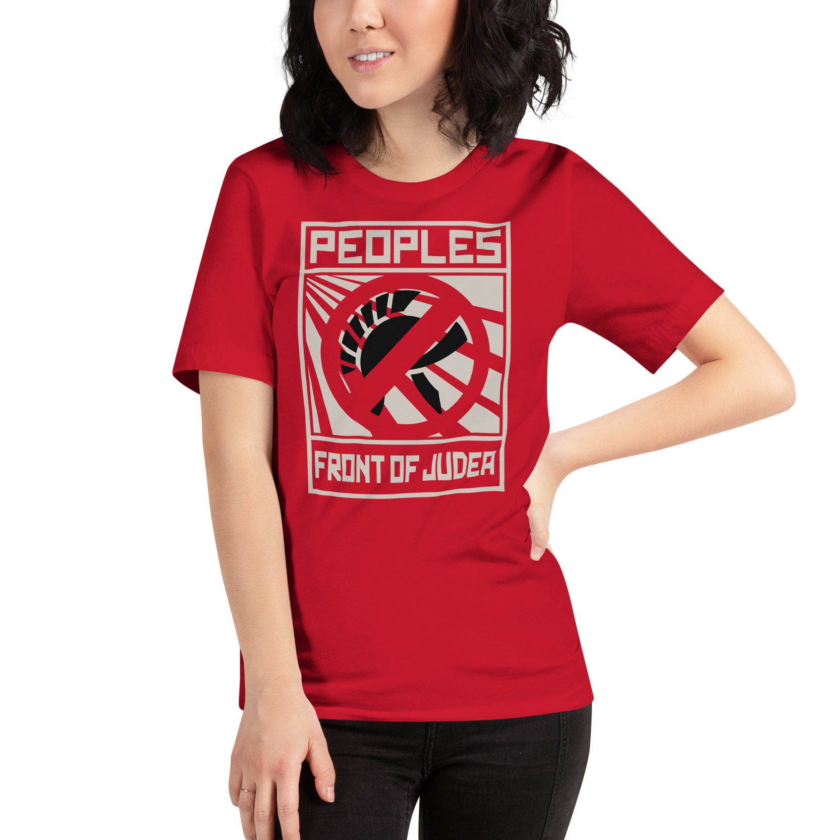 mujer con camiseta frente popular de judea la vida de brian roja