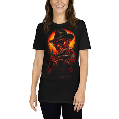 Mujer con camiseta negra inspirada en Freddy Krueger de Pesadilla en Elm Street 