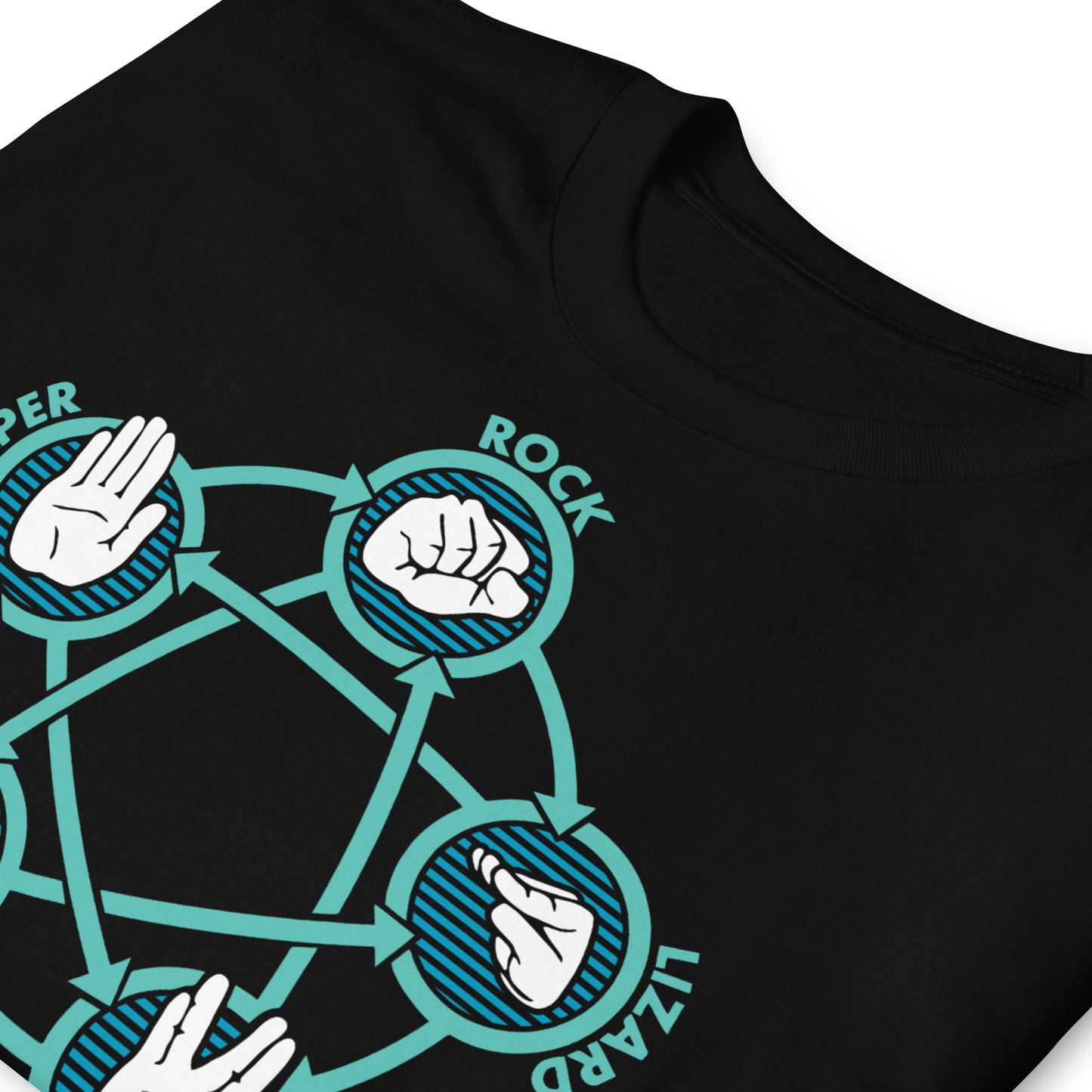 detalle de camiseta piedra papel tijera lagarto spock geek negra