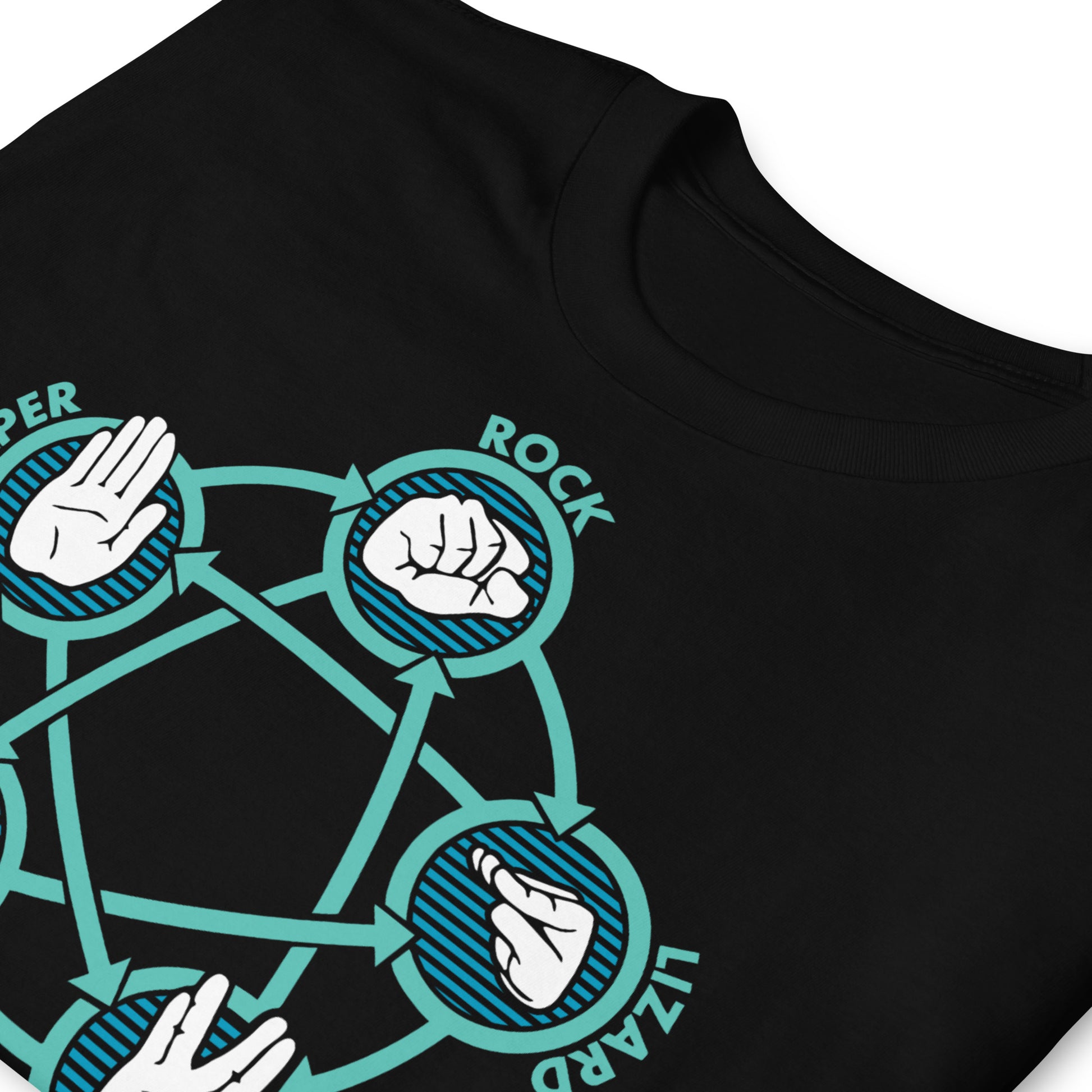 detalle de camiseta piedra papel tijera lagarto spock geek negra