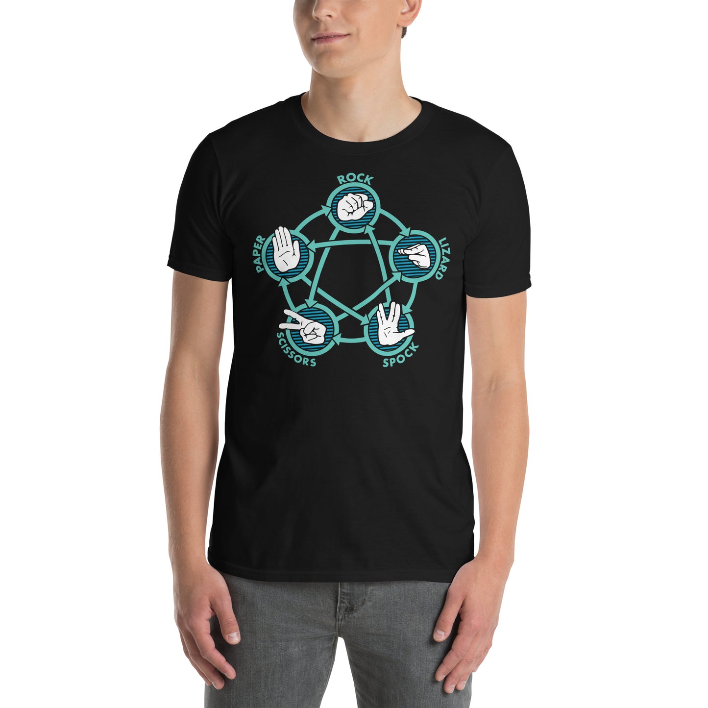 hombre con camiseta piedra papel tijera lagarto spock the big bang theory sheldon negra