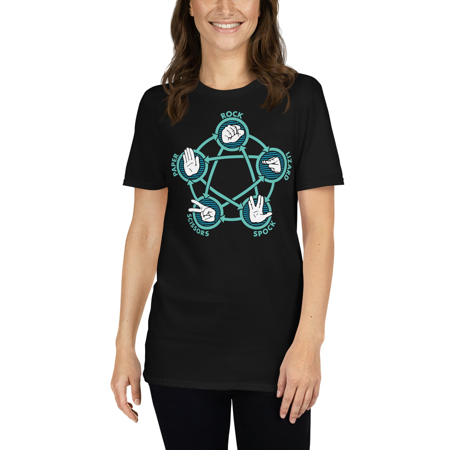 mujer con camiseta piedra papel tijera lagarto spock the big bang theory sheldon negra