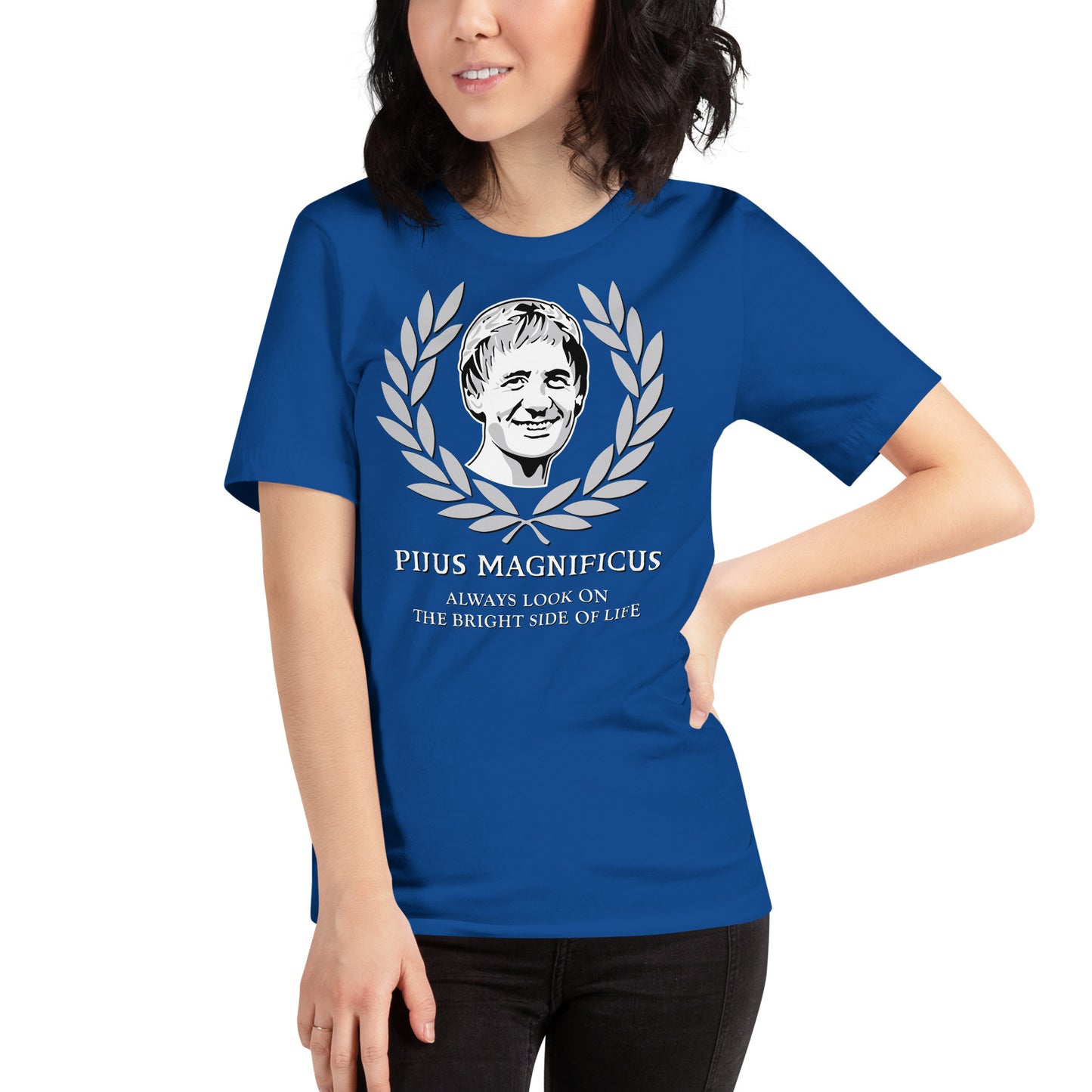 mujer con camiseta pijus magnificus la vida de brian azul royal