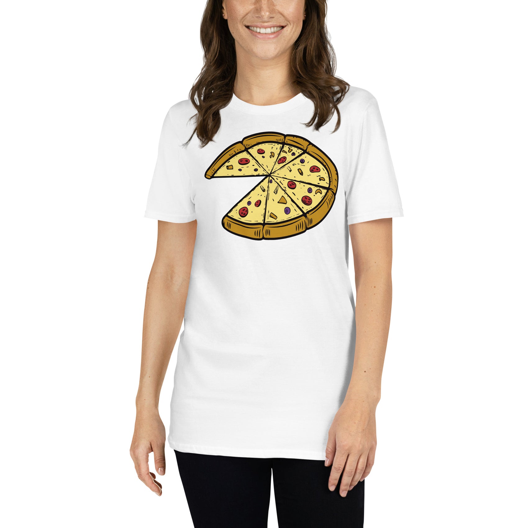 mujer con camiseta pizza en color blanco