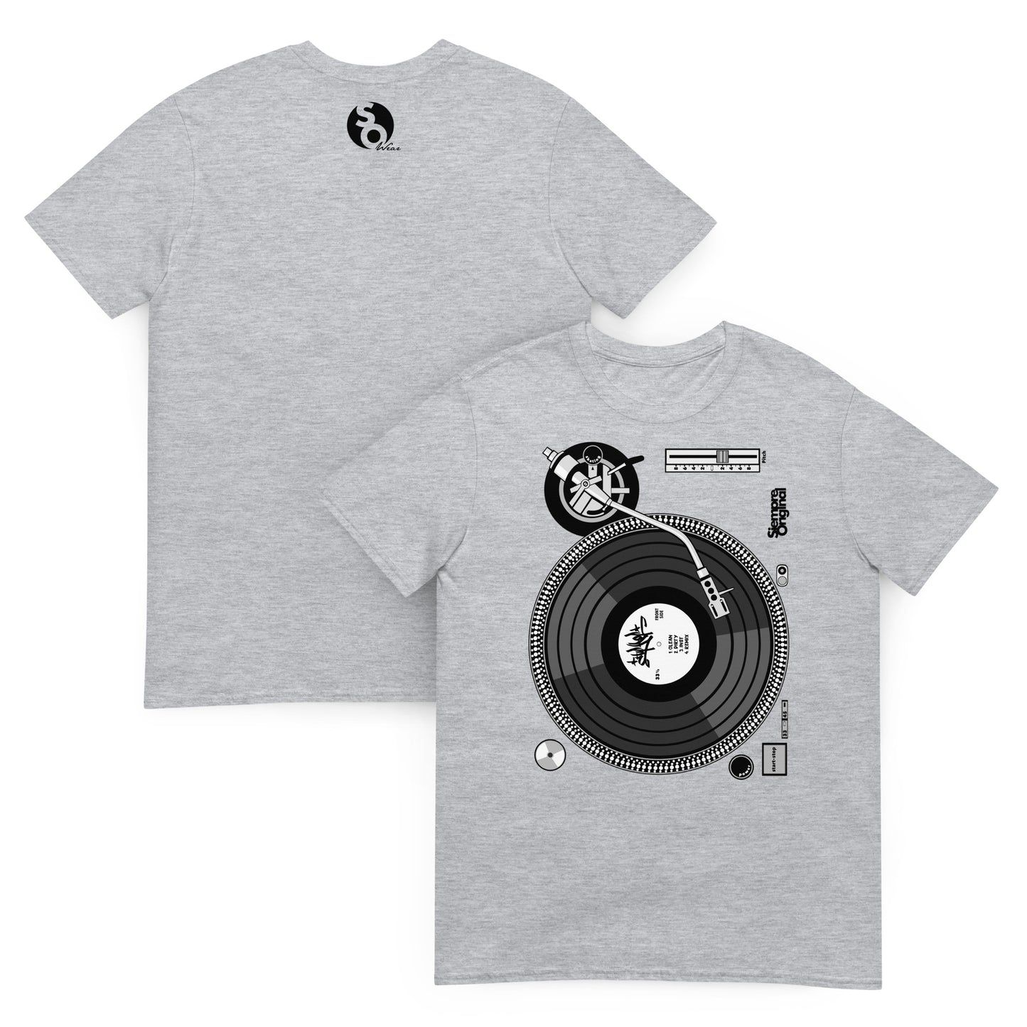 camiseta plato dj vinilo delante y detras gris