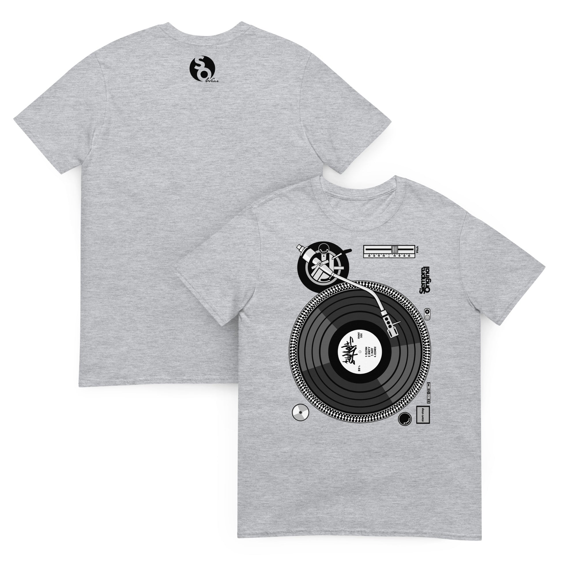 camiseta plato dj vinilo delante y detras gris