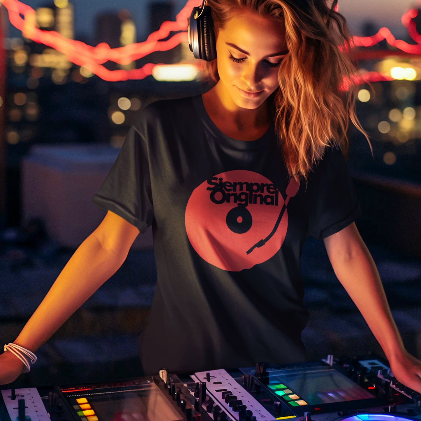 mujer con camiseta plato dj rojo negra