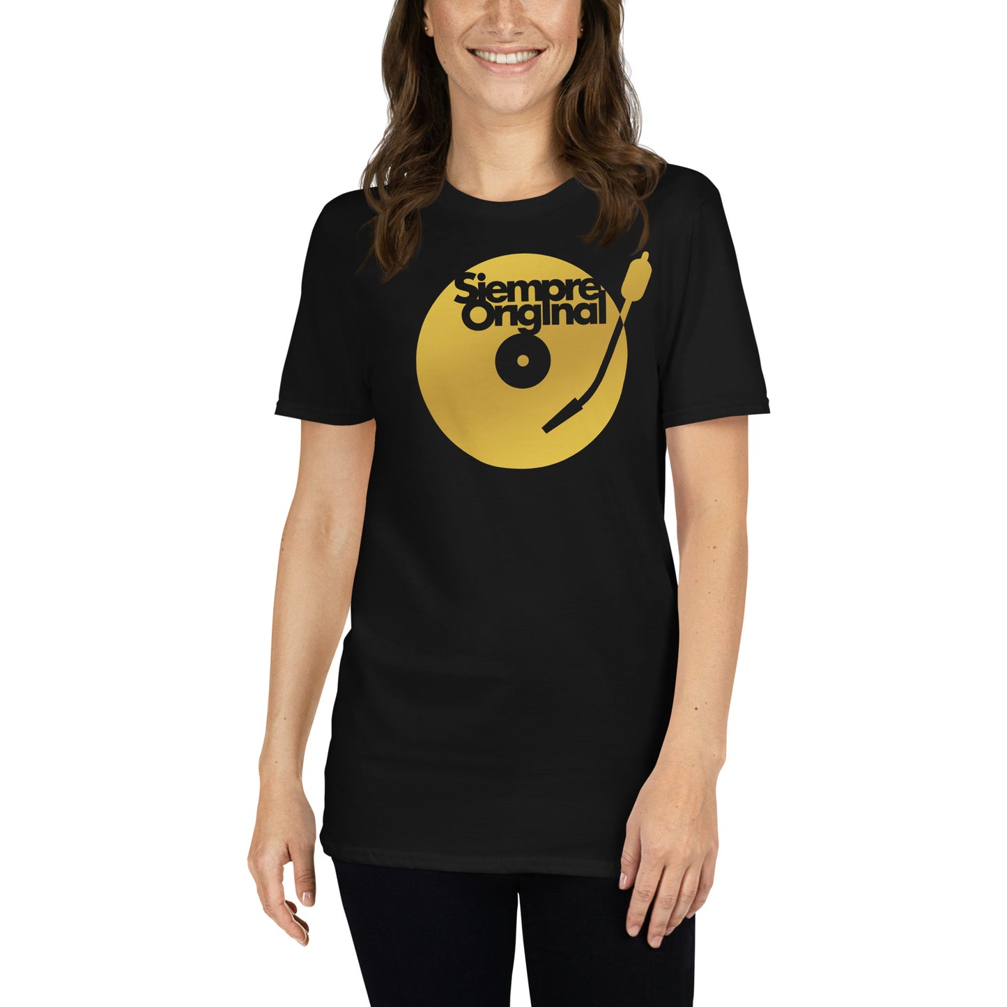 mujer con camiseta plato dj turntable disco vinilo siempre original en color negro