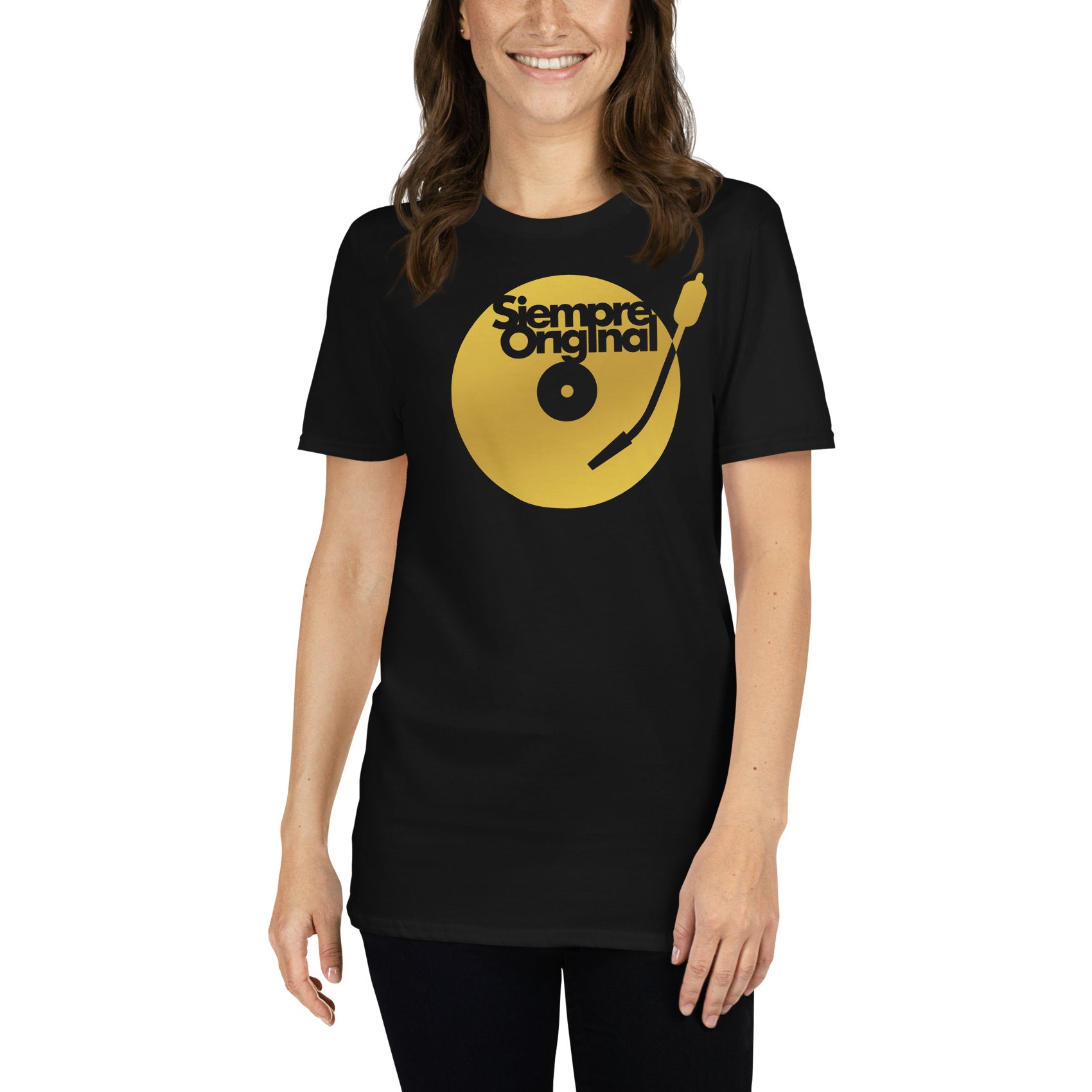 mujer con camiseta plato dj turntable disco vinilo siempre original en color negro