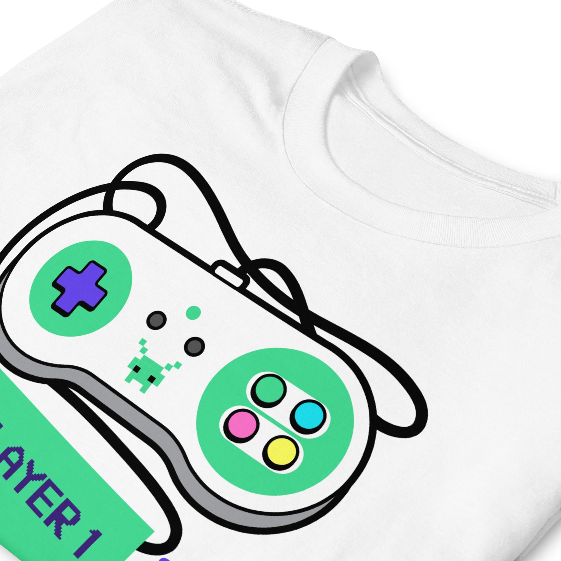 detalle de camiseta player 1 en color blanco