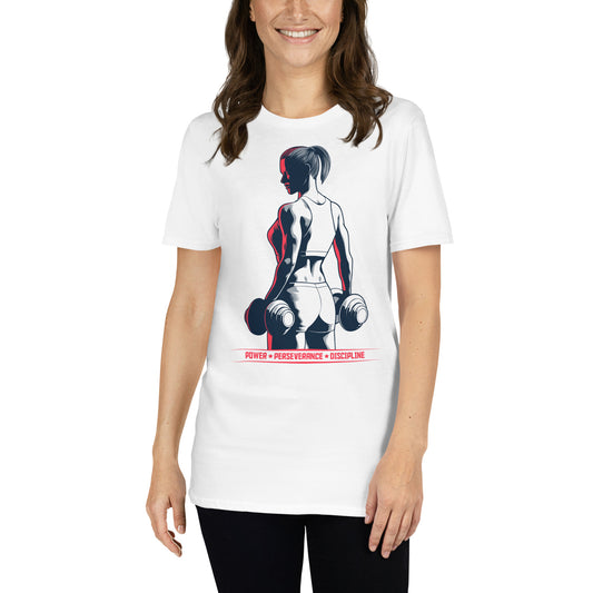 mujer con camiseta power perseverance discipline gimnasio fitness en color blanco