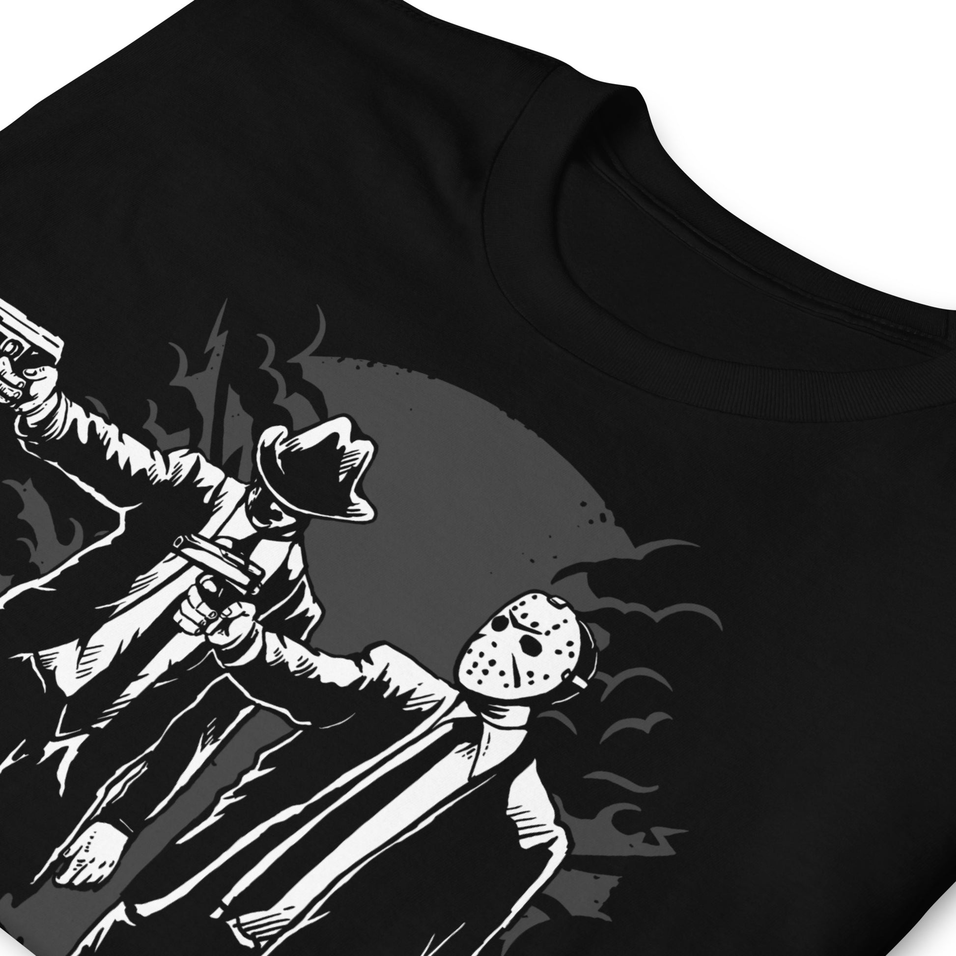 detalle de camiseta pulp killer freddy krueger jason voorhees pulp fiction siempre original urban en color negro