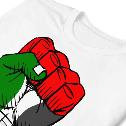 detalle de camiseta puno free palestine blanca