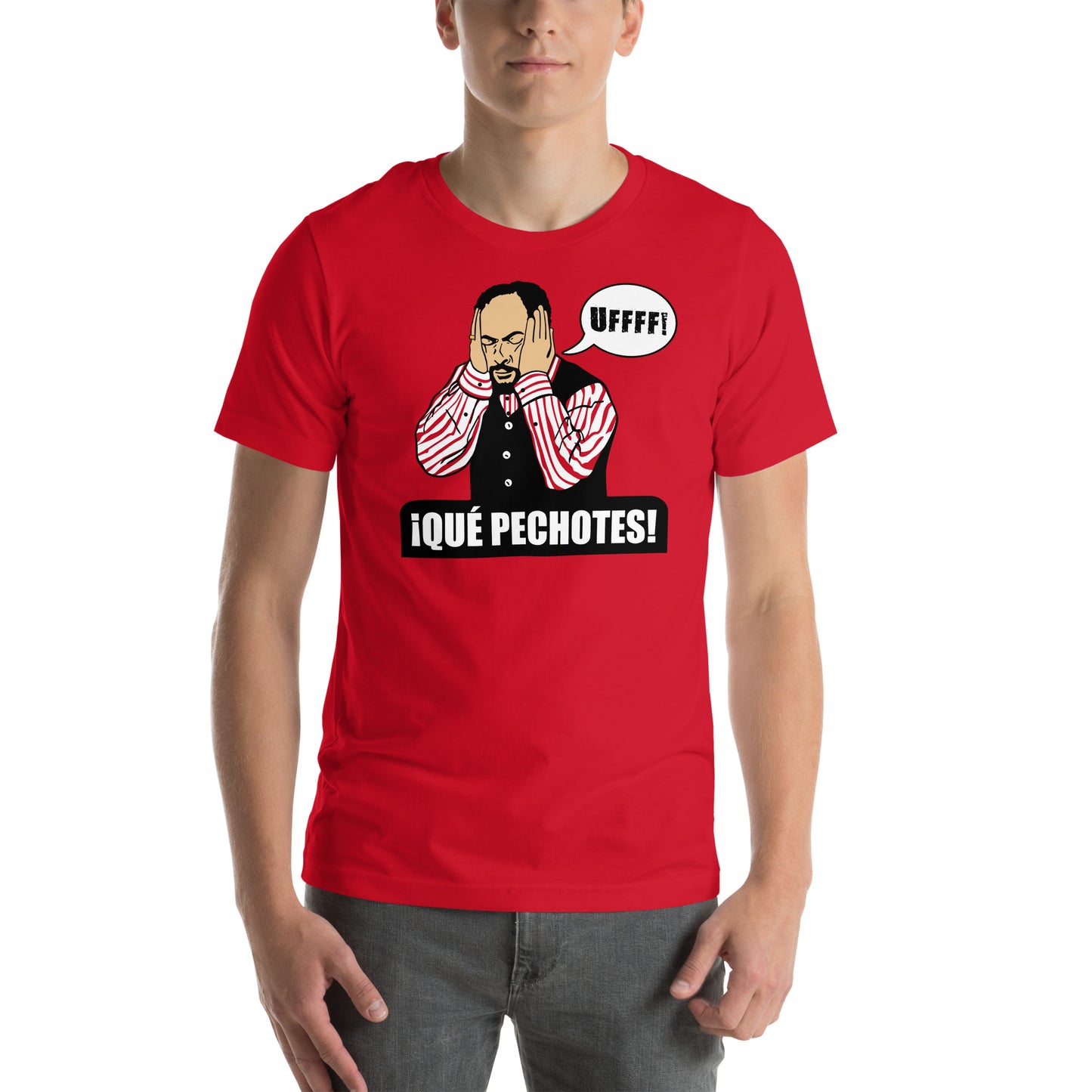 hombre con camiseta que pechotes de antonio recio de la que se avecina en color rojo