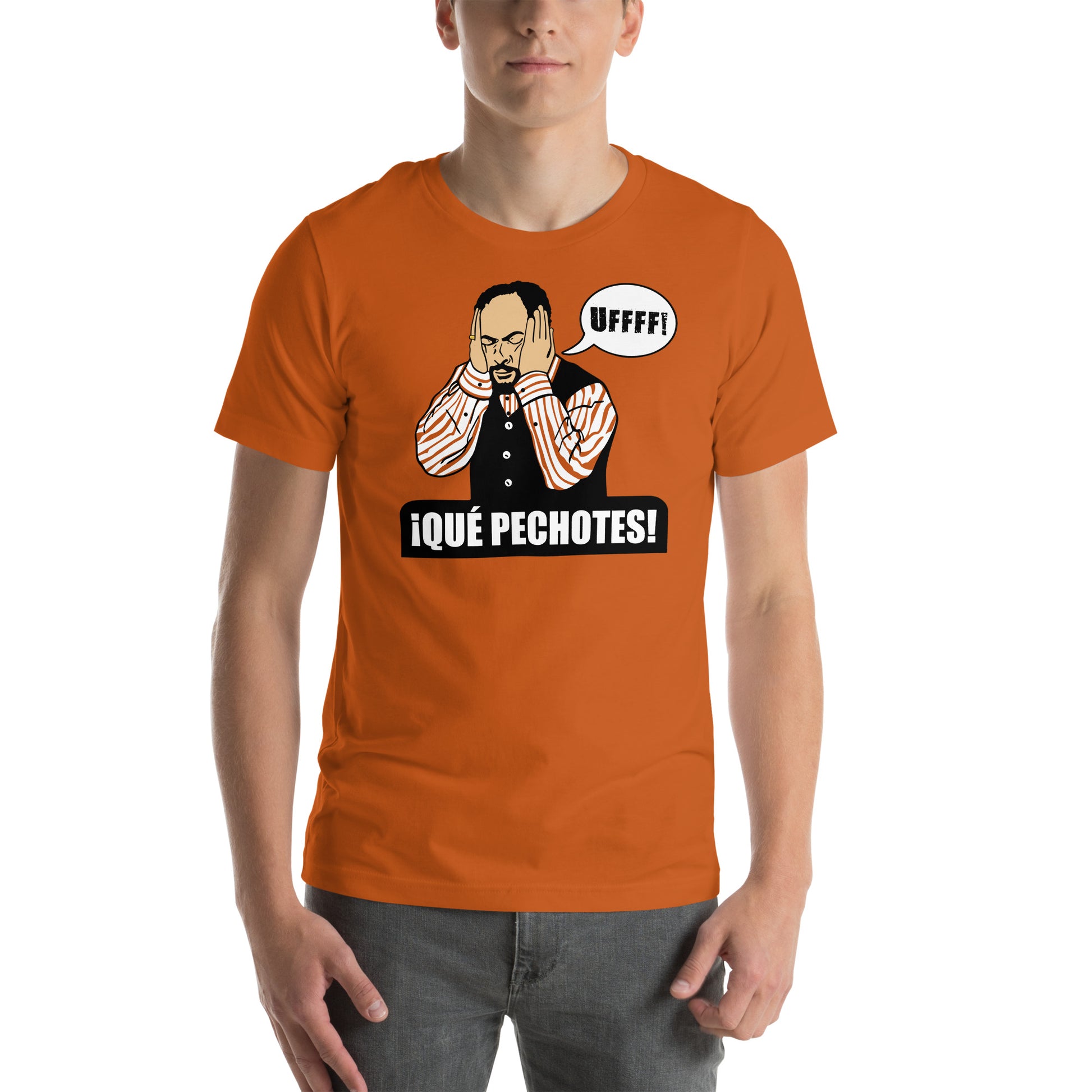 hombre con camiseta que pechotes de antonio recio de la que se avecina en color naranja