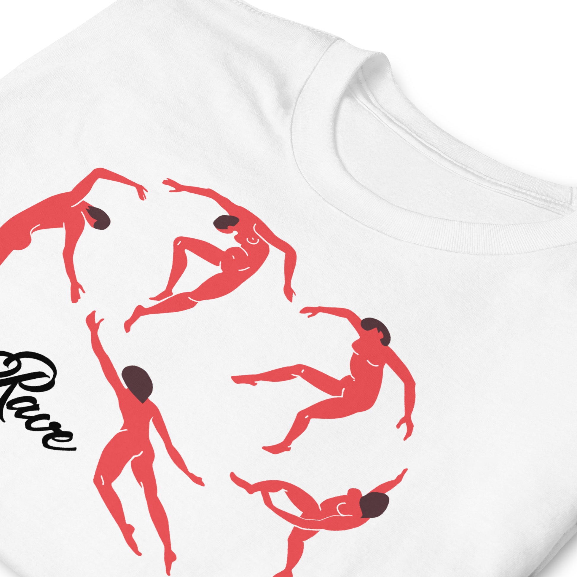 detalle de camiseta rave la danza matisse en color blanco