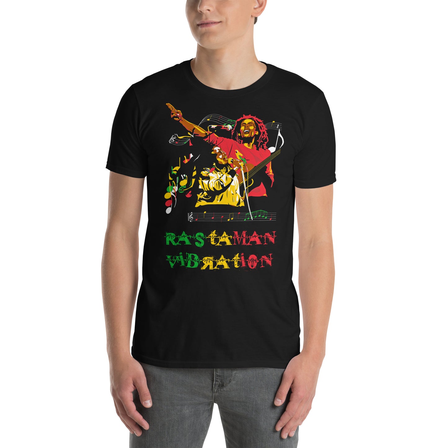 hombre con camiseta reggae rasta bob marley negra