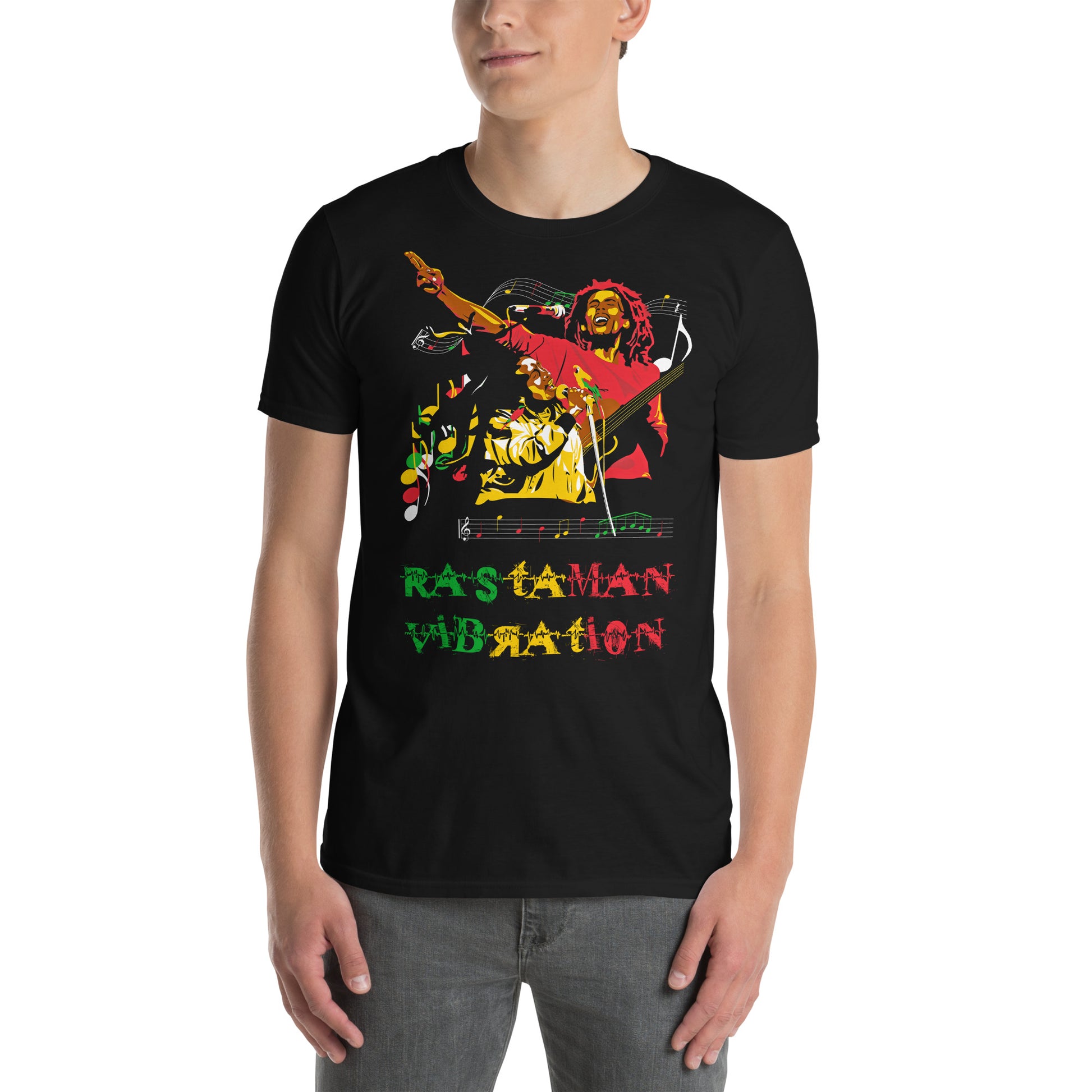 hombre con camiseta reggae rasta bob marley negra