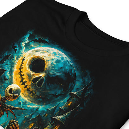 Detalle de camiseta negra inspirada en Jack Skellington y Pesadilla antes de Navidad