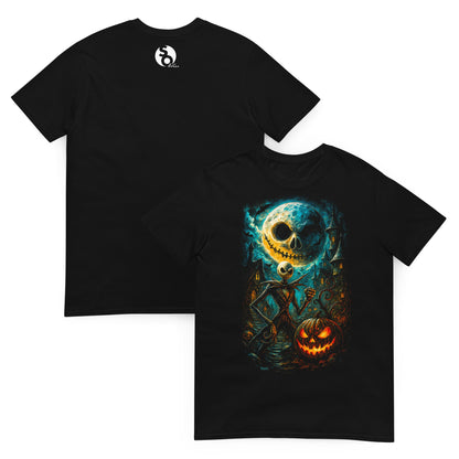 Camiseta negra inspirada en Jack Skellington y Pesadilla antes de Navidad delante y logo SO Wear detrás