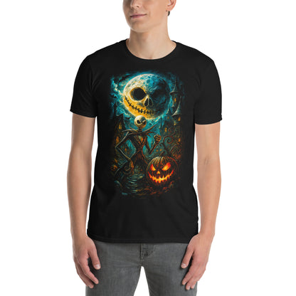 Hombre con camiseta negra inspirada en Jack Skellington y Pesadilla antes de Navidad