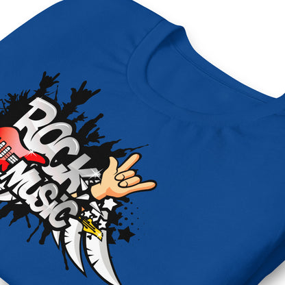detalle de camiseta rock music azul royal