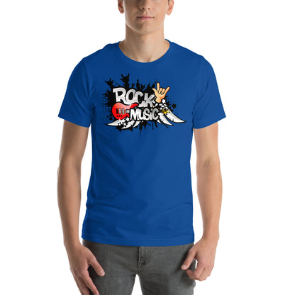 hombre con camiseta rock music azul royal