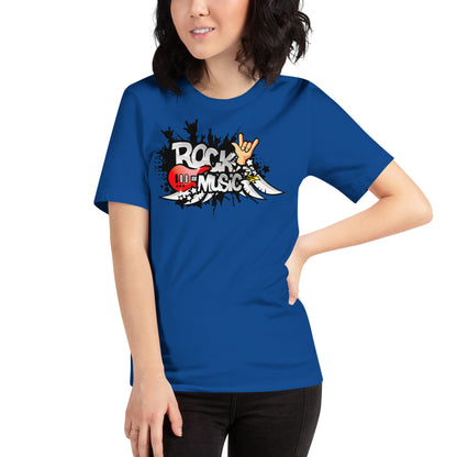 mujer con camiseta rock music azul royal