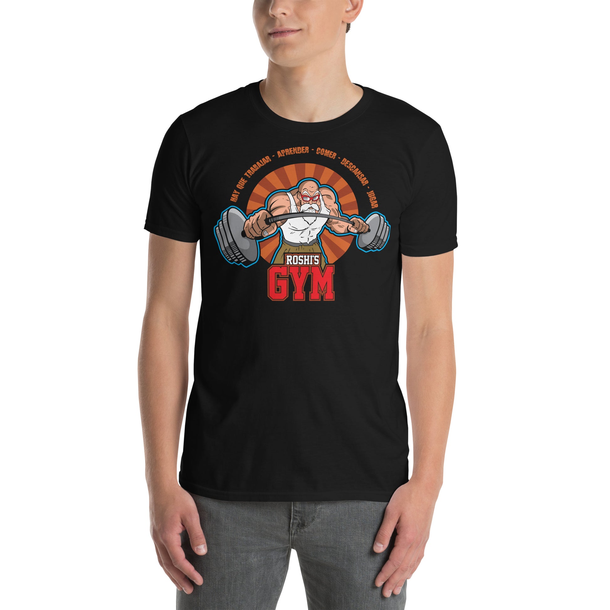 hombre con camiseta roshis gym bola de dragon ball gimnasio fitness en color negro