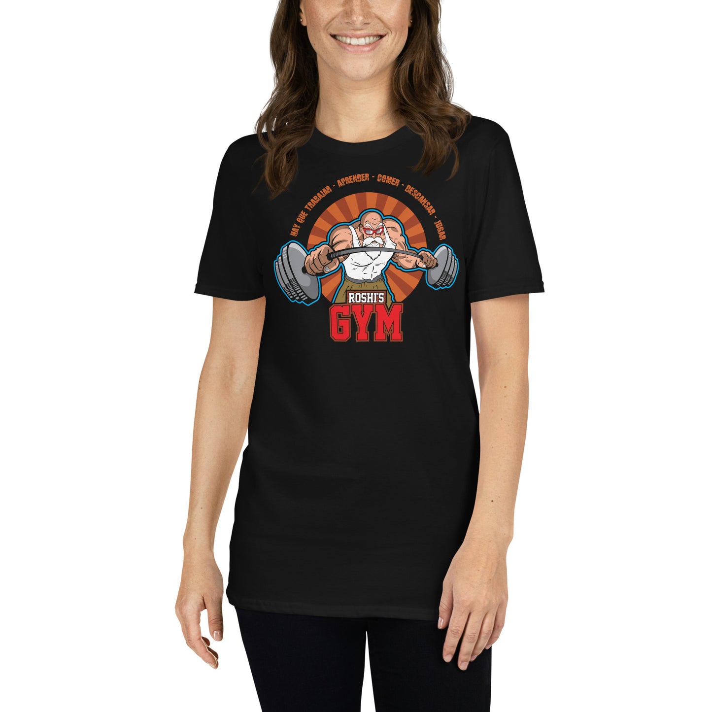 mujer con camiseta roshis gym bola de dragon ball gimnasio fitness en color negro