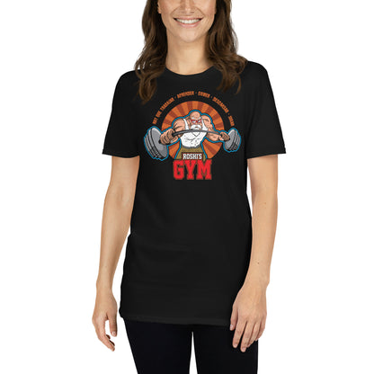 mujer con camiseta roshis gym bola de dragon ball gimnasio fitness en color negro