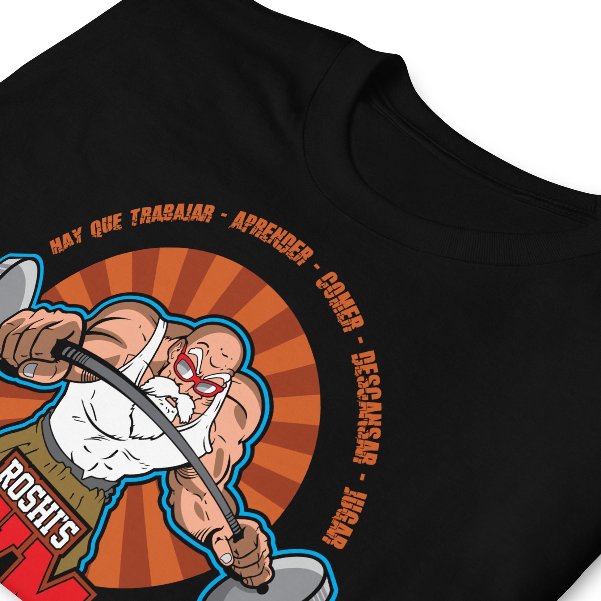 detalle de camiseta roshis gym bola de dragon ball gimnasio fitness en color negro