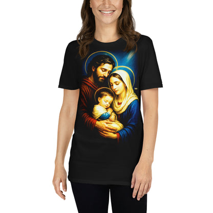 Mujer con camiseta negra con la Virgen María, San José y el Niño Jesús dormido en brazos