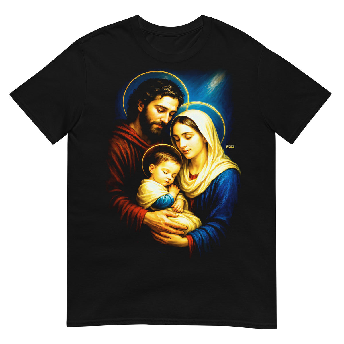 Camiseta negra con la Virgen María, San José y el Niño Jesús dormido en brazos