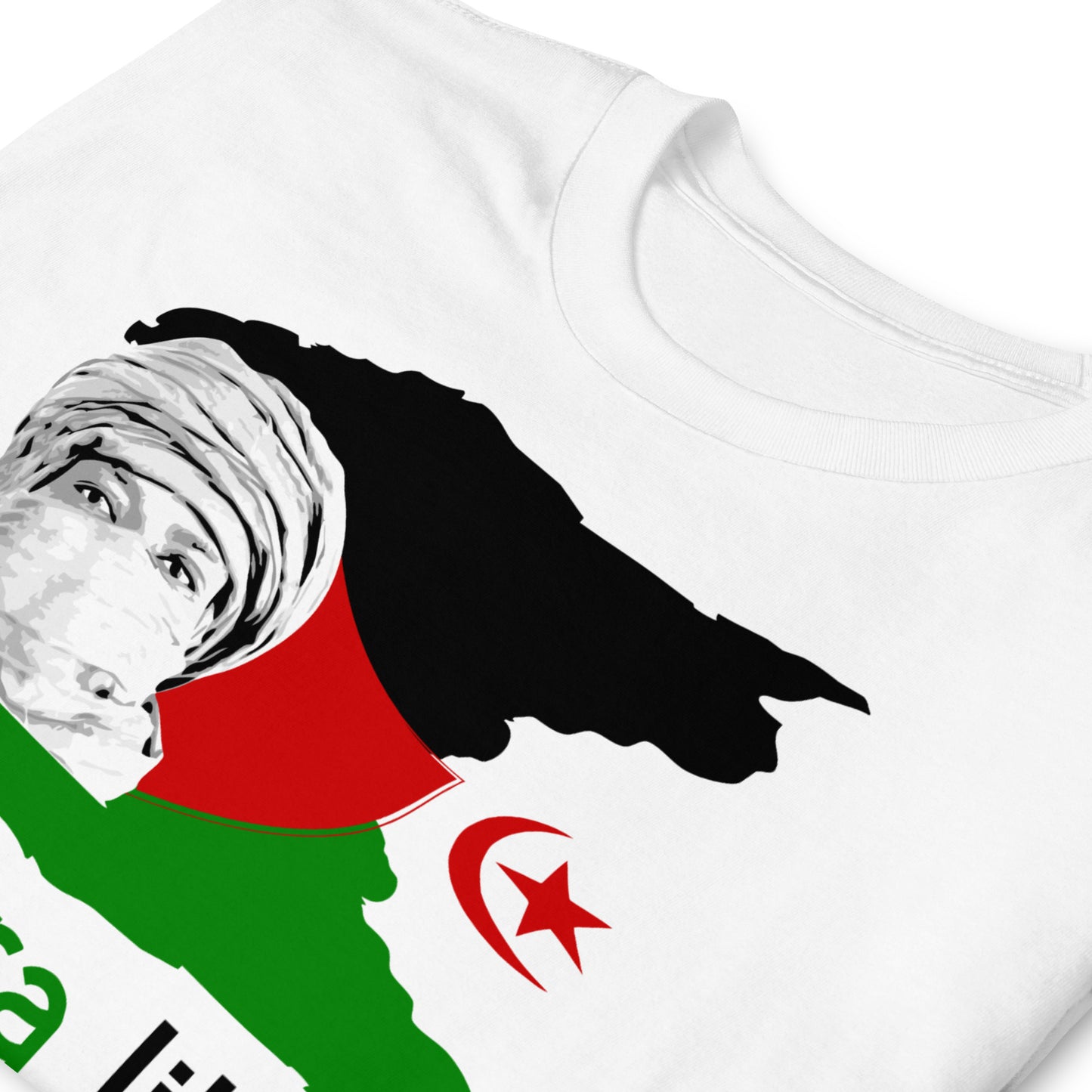 detalle de camiseta sahara occidental libre blanca