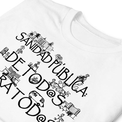 detalle de camiseta sanidad publica de todos para todos blanca