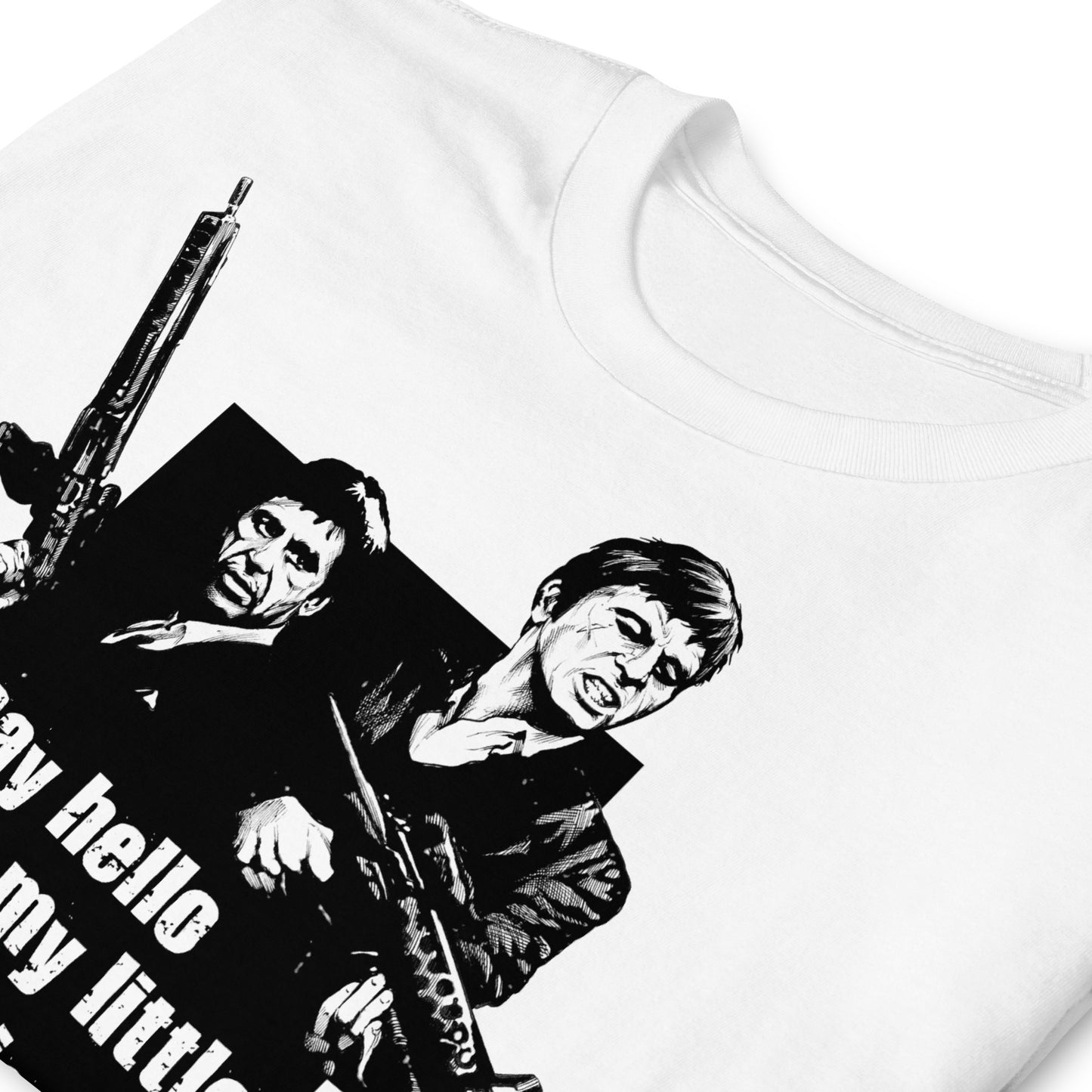 detalle camiseta say hello to my little friend tony montana scarface blanca