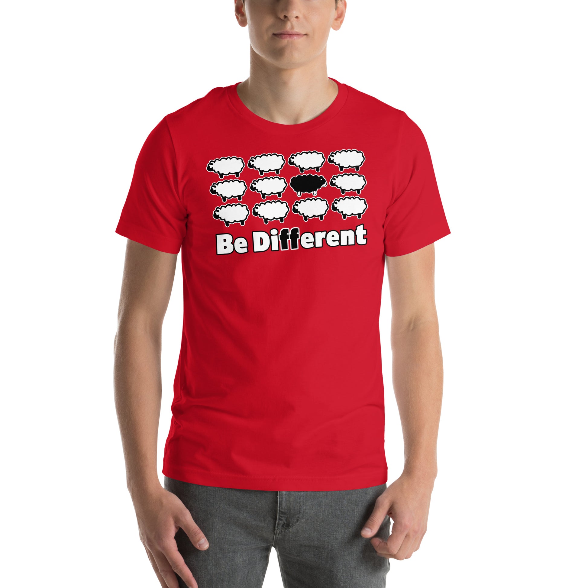 hombre con camiseta se diferente oveja negra roja