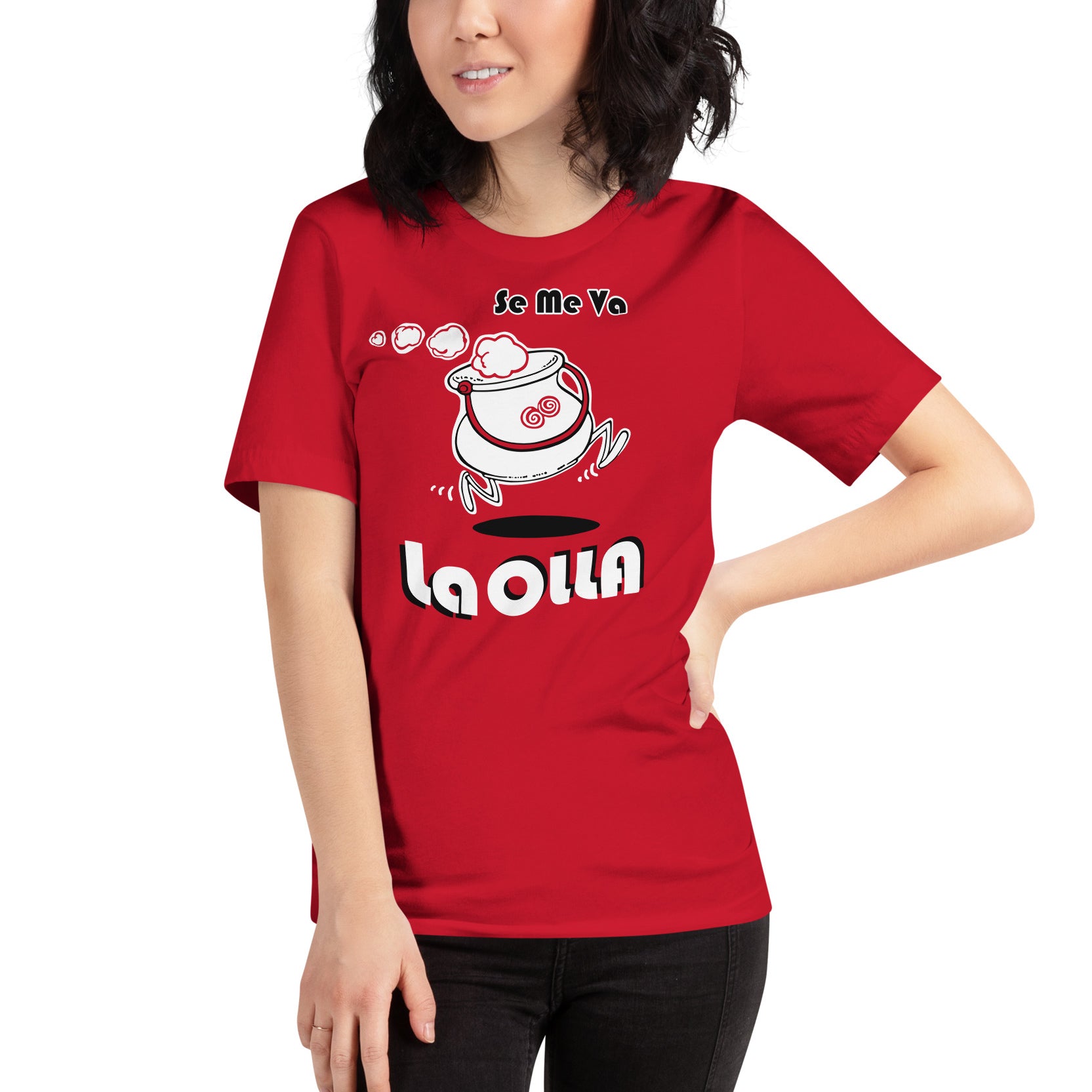 mujer con camiseta se me va la olla roja