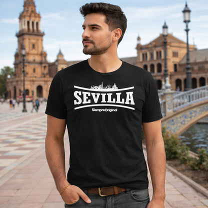 hombre con camiseta sevilla ciudad skyline negra