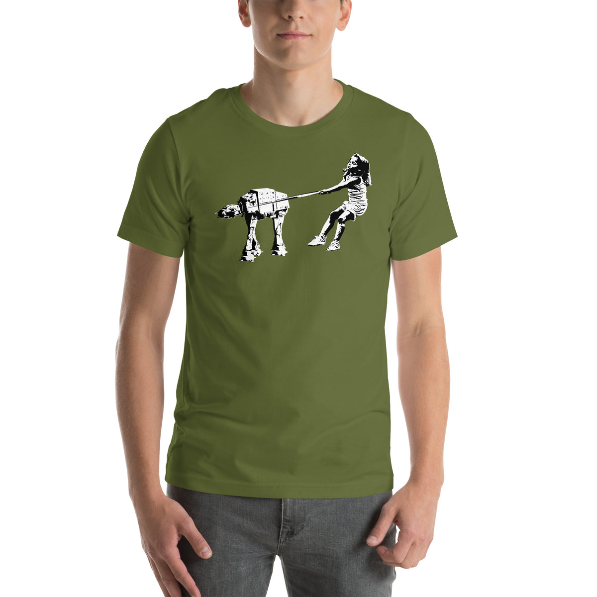 Hombre con camiseta verde oliva Shat-At de Eelus estilo street art Banksy