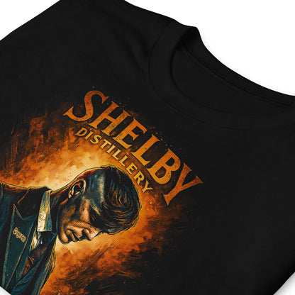 detalle de camiseta peaky blinders shelby distillery negra