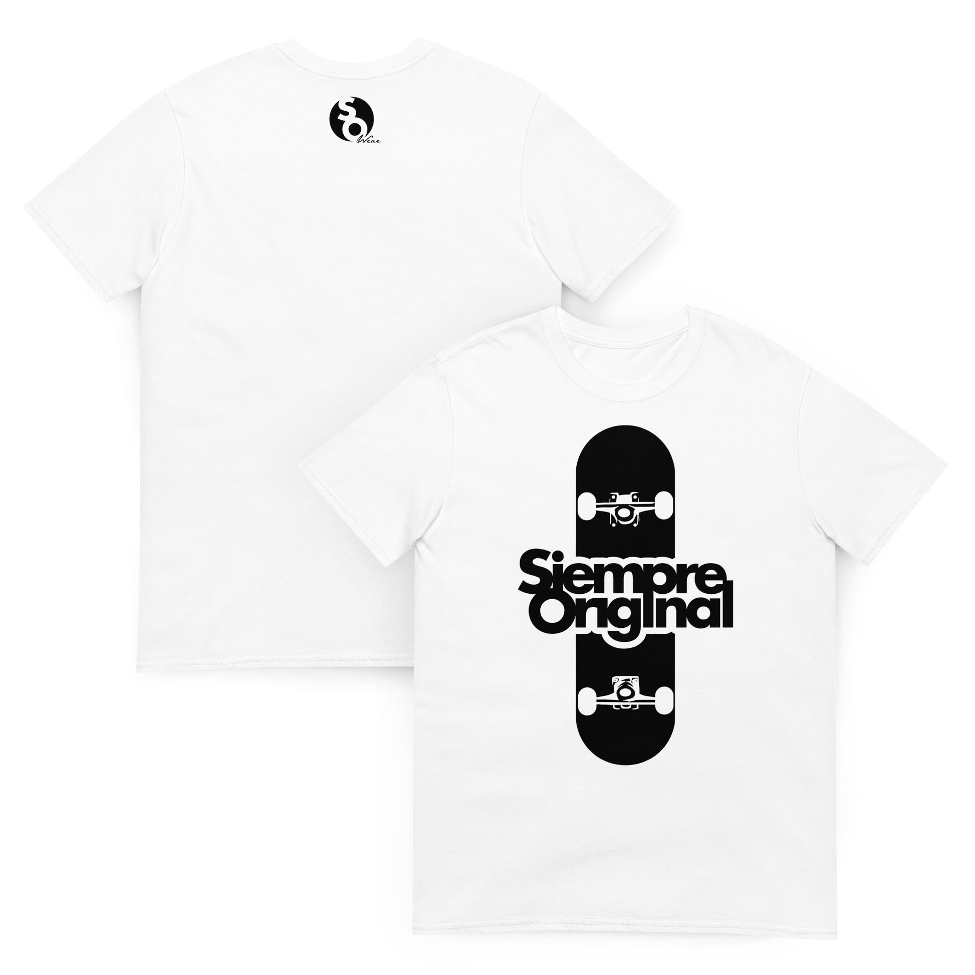 Camiseta blanca con skate y logo Siempre Original delante y logo SO Wear detras