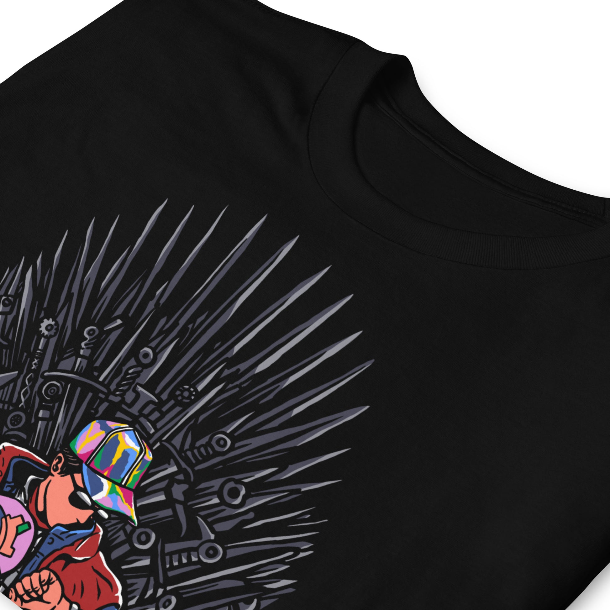 detalle de camiseta skate back to the future game of thrones negra