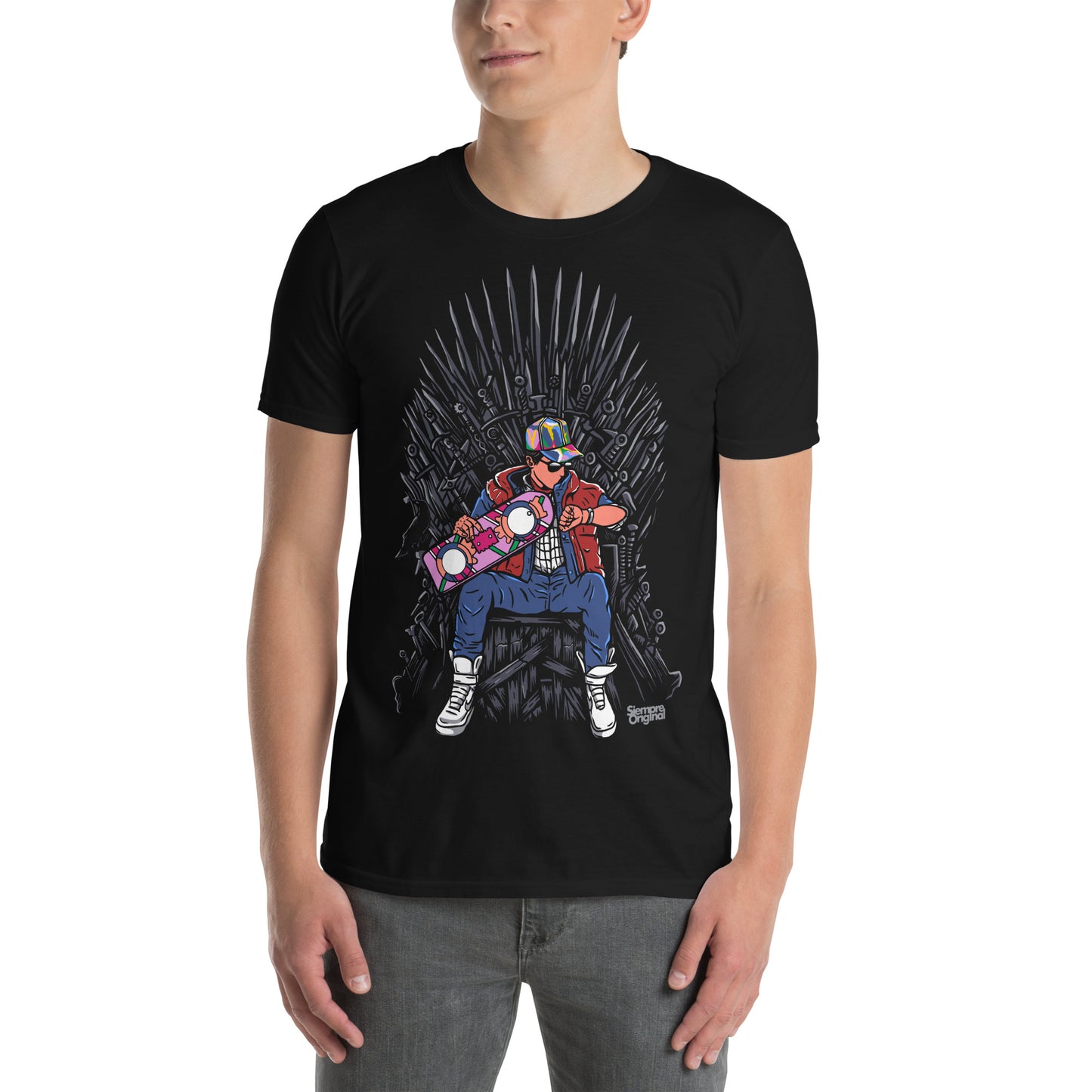 hombre con camiseta skate regreso al futuro juego de tronos negra