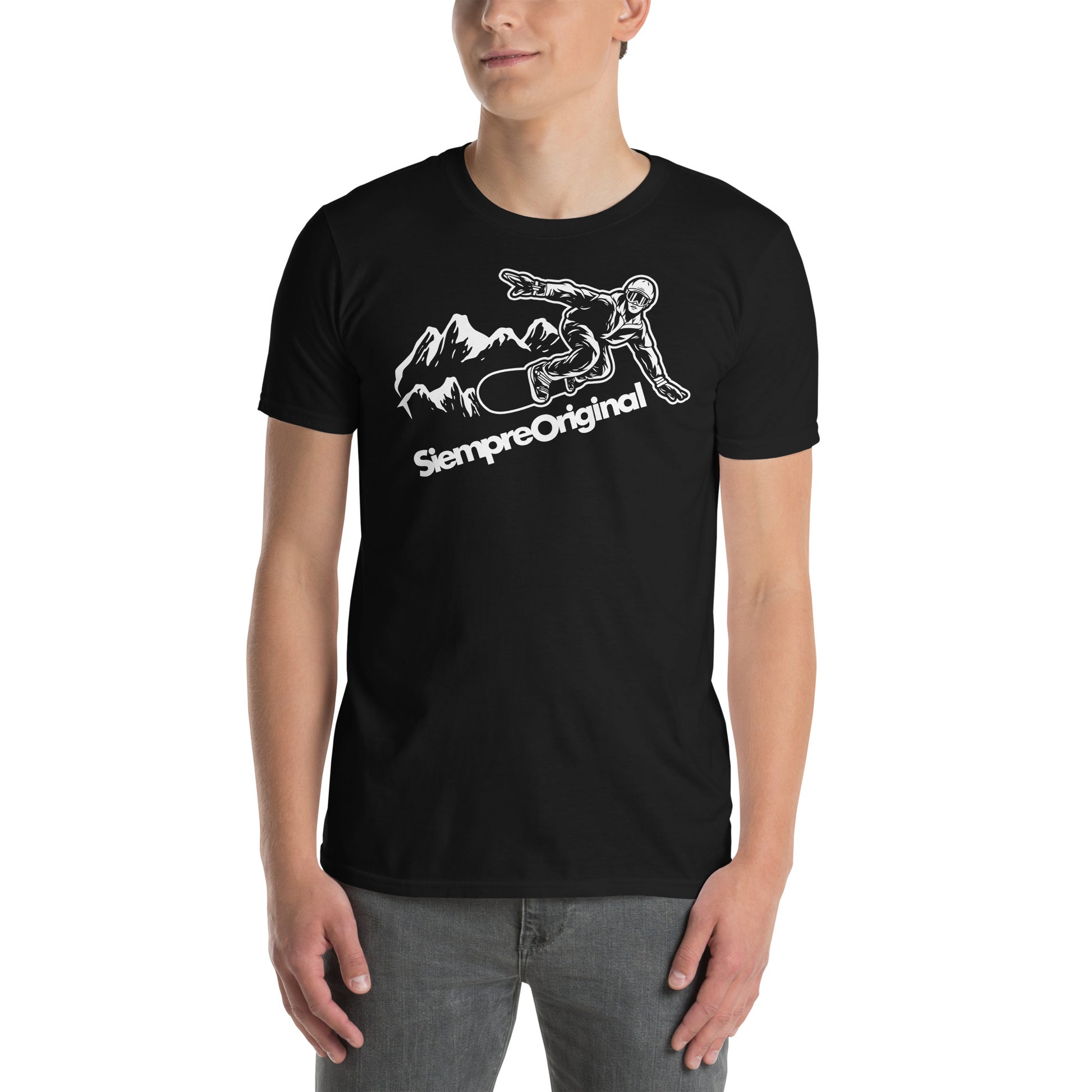 hombre con camiseta snowboard montana negra
