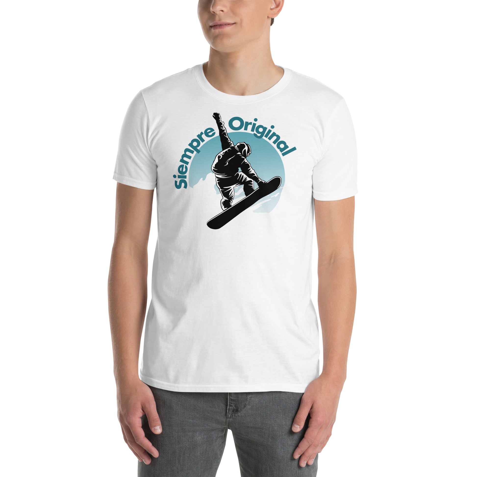 hombre con camiseta snowboard salto blanca